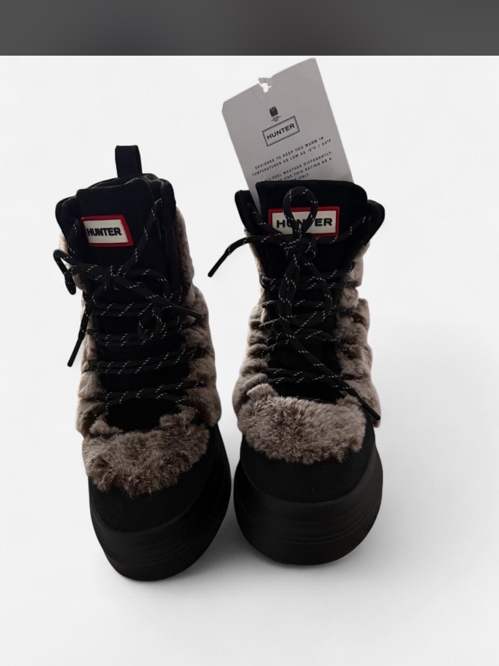 Hunter Black Winter Lace-Up Boots with Gray Faux-Fur Trim